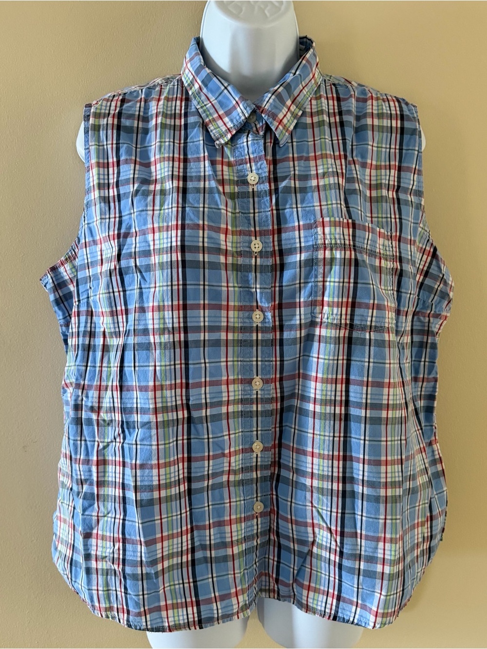 White Stag Sleeveless Plaid Button-Up Shirt Women’s XL 16/18 Blue 100% Cotton